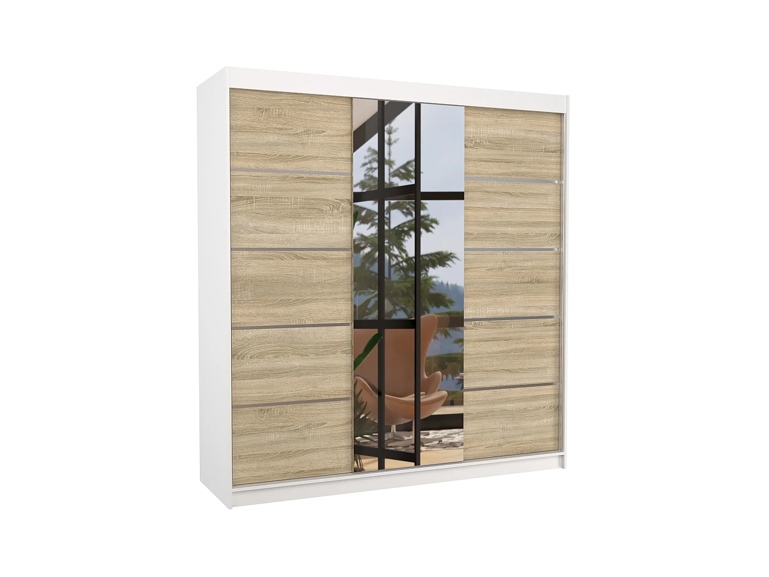 Kledingkast voor volwassenen, 2 schuifdeuren in wit en licht hout met Baker-spiegel, 200 cm