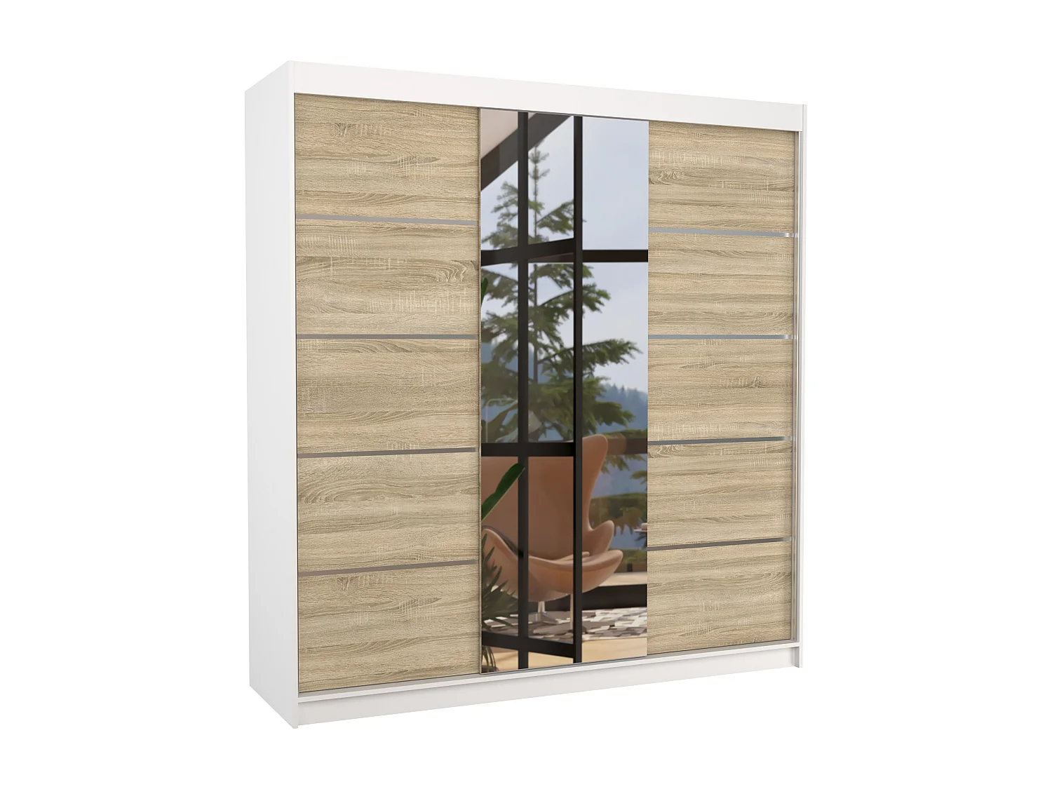 Armoire chambre adulte 2 portes coulissantes BAKER 200cm avec miroir-Blanc/Naturel