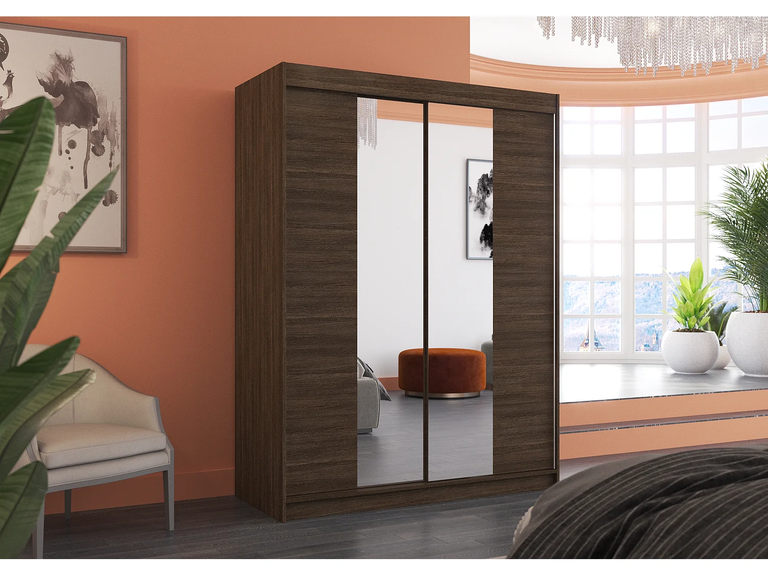 Armoire de chambre 2 portes coulissantes bois marron et miroir Zomka 150cm