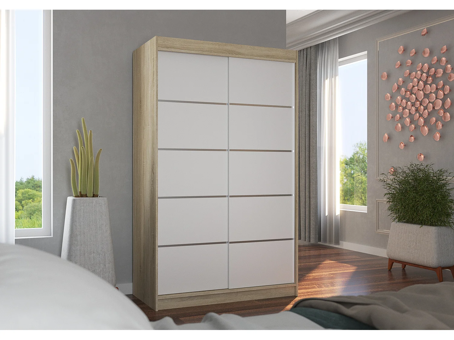 Petite armoire de chambre naturel et blanc avec 2 portes coulissantes Benko 120cm