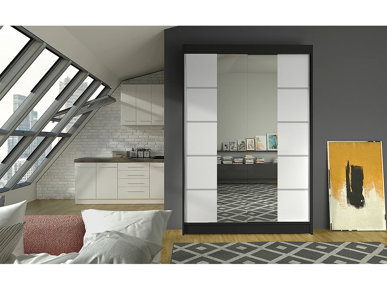 Petite armoire design de chambre à coucher 2 portes coulissantes noir et blanc avec miroir Kinzo 120cm