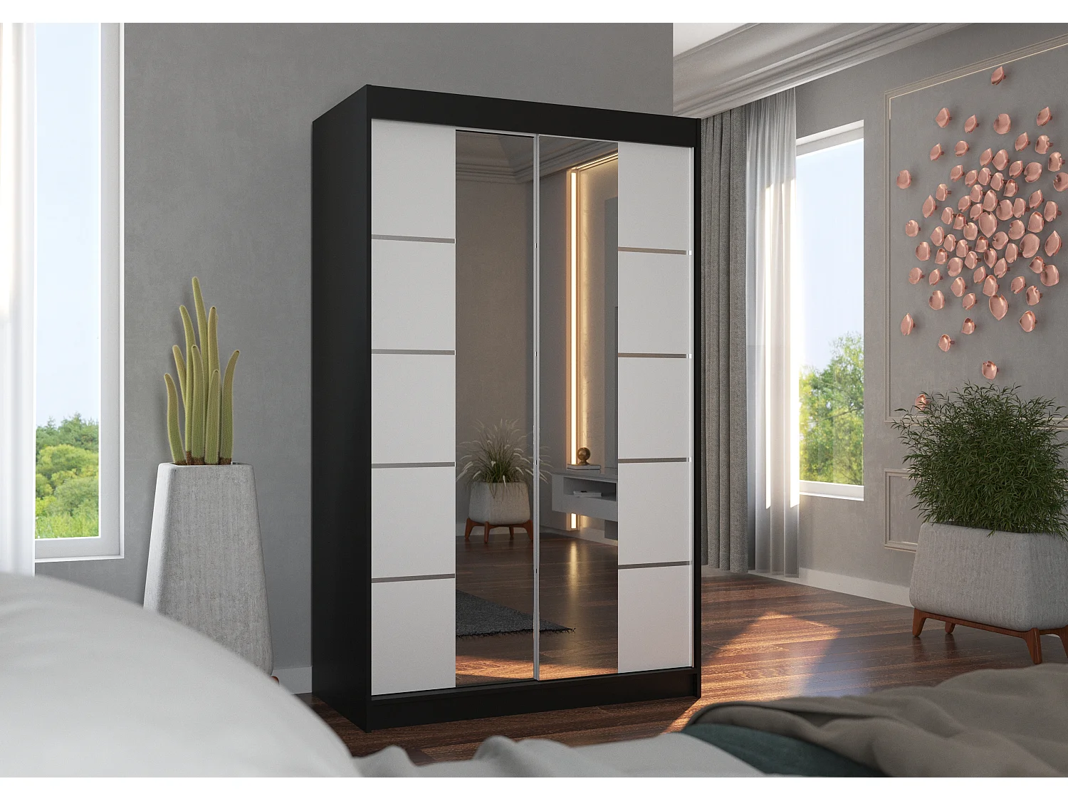 Petite armoire design de chambre à coucher 2 portes coulissantes noir et blanc avec miroir Kinzo 120cm