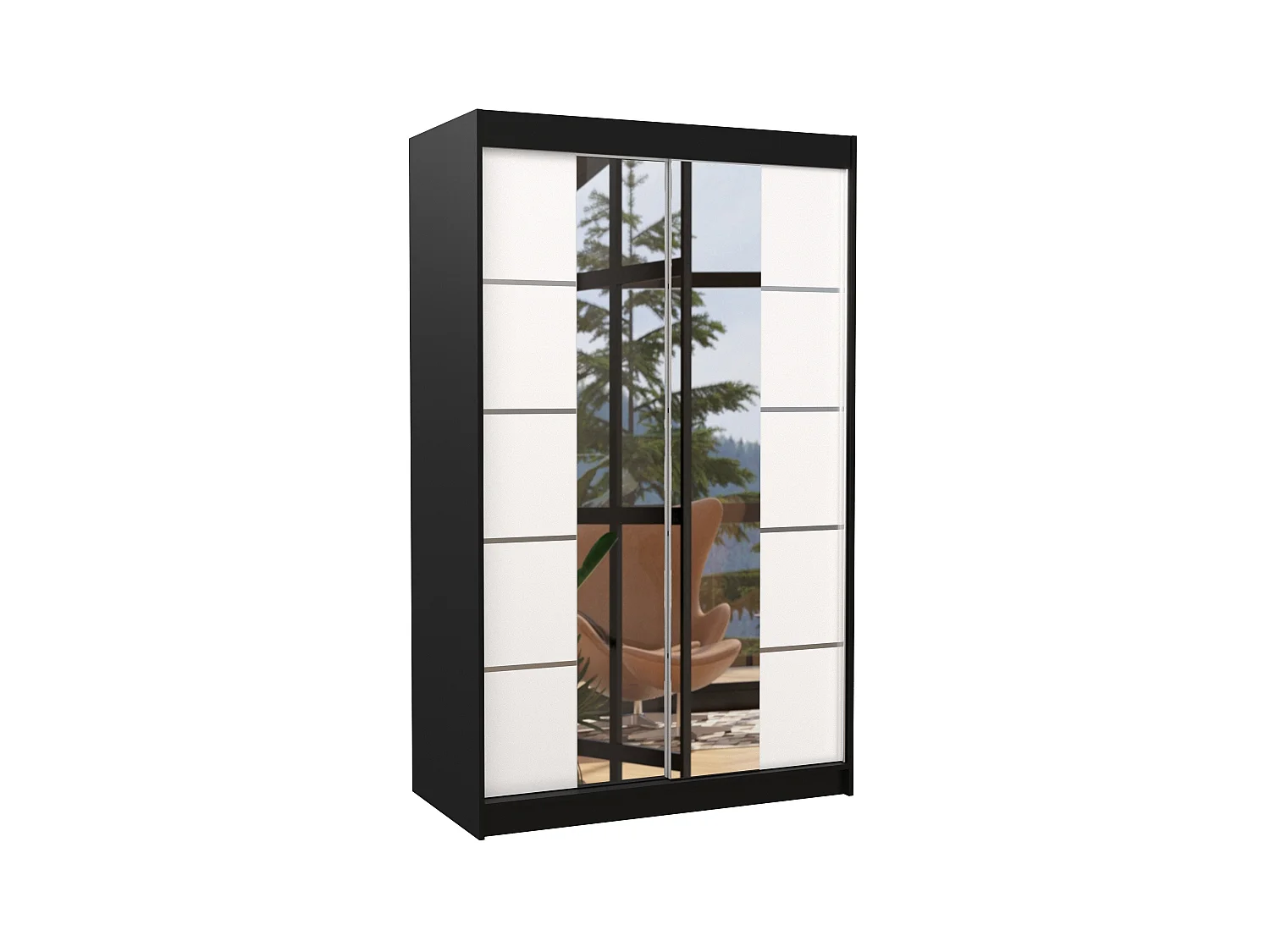 Petite armoire design de chambre à coucher 2 portes coulissantes noir et blanc avec miroir Kinzo 120cm