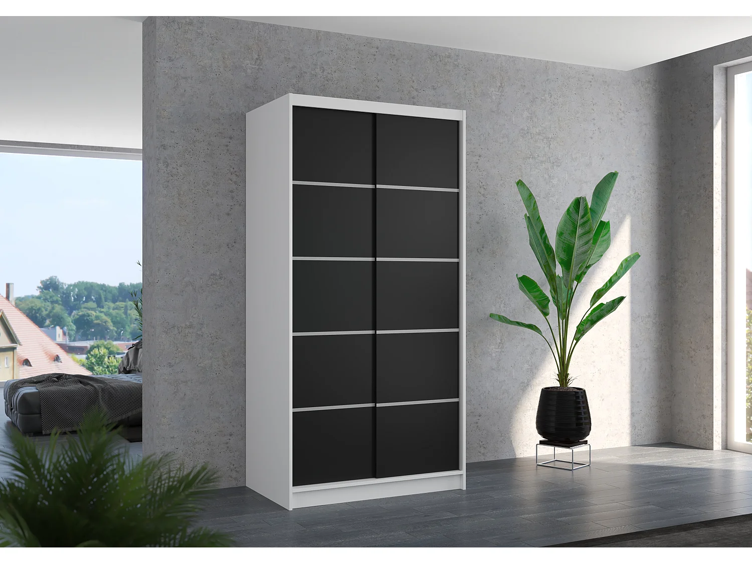 Petite armoire de chambre blanche 2 portes coulissantes en bois noir Rika 100cm