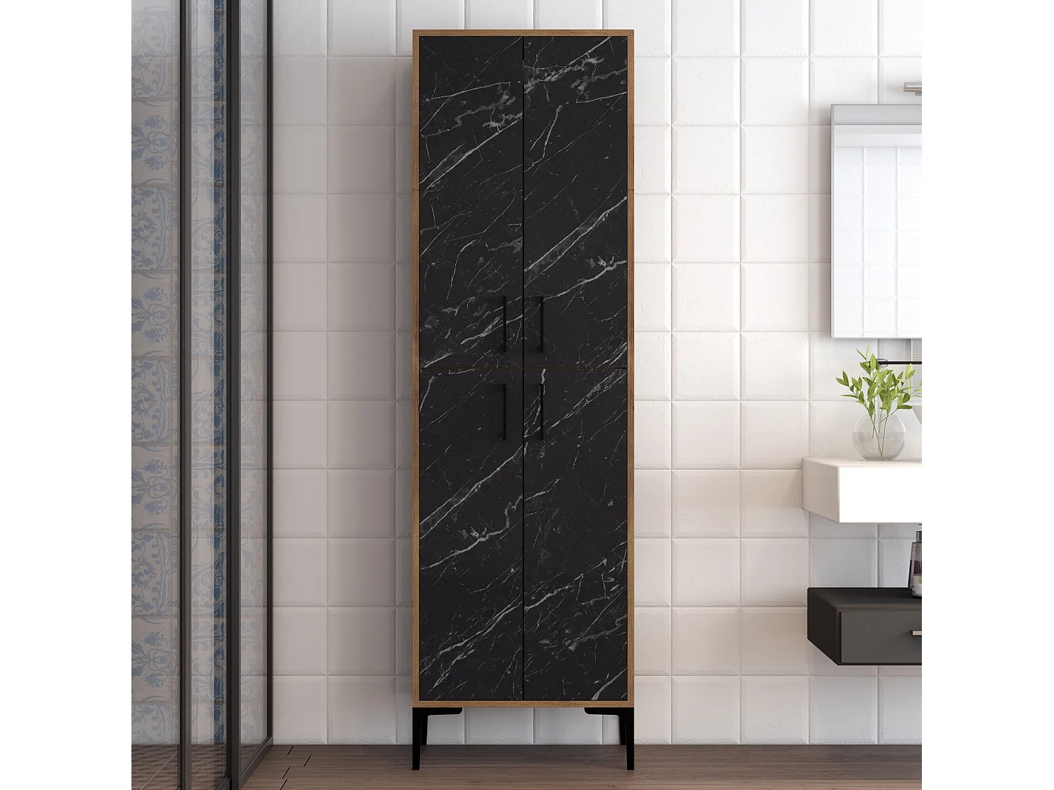 Armoire polyvalente bois noyer et noir effet marbre Kliko 60cm