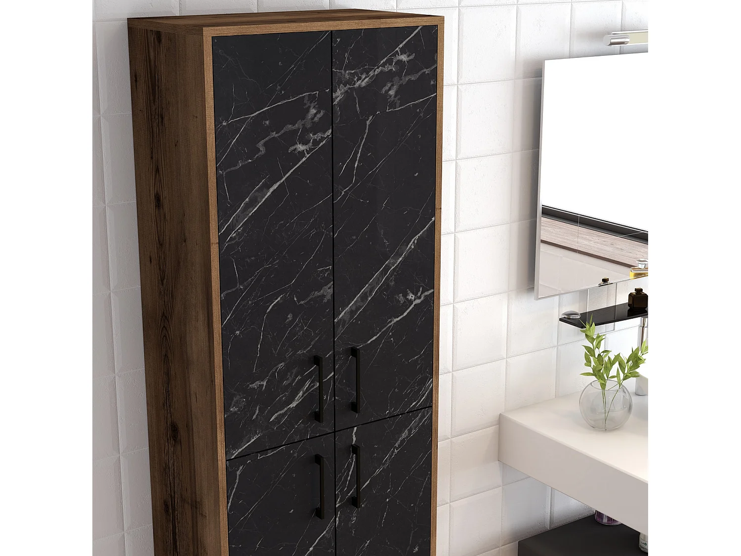 Armoire polyvalente bois noyer et noir effet marbre Kliko 60cm