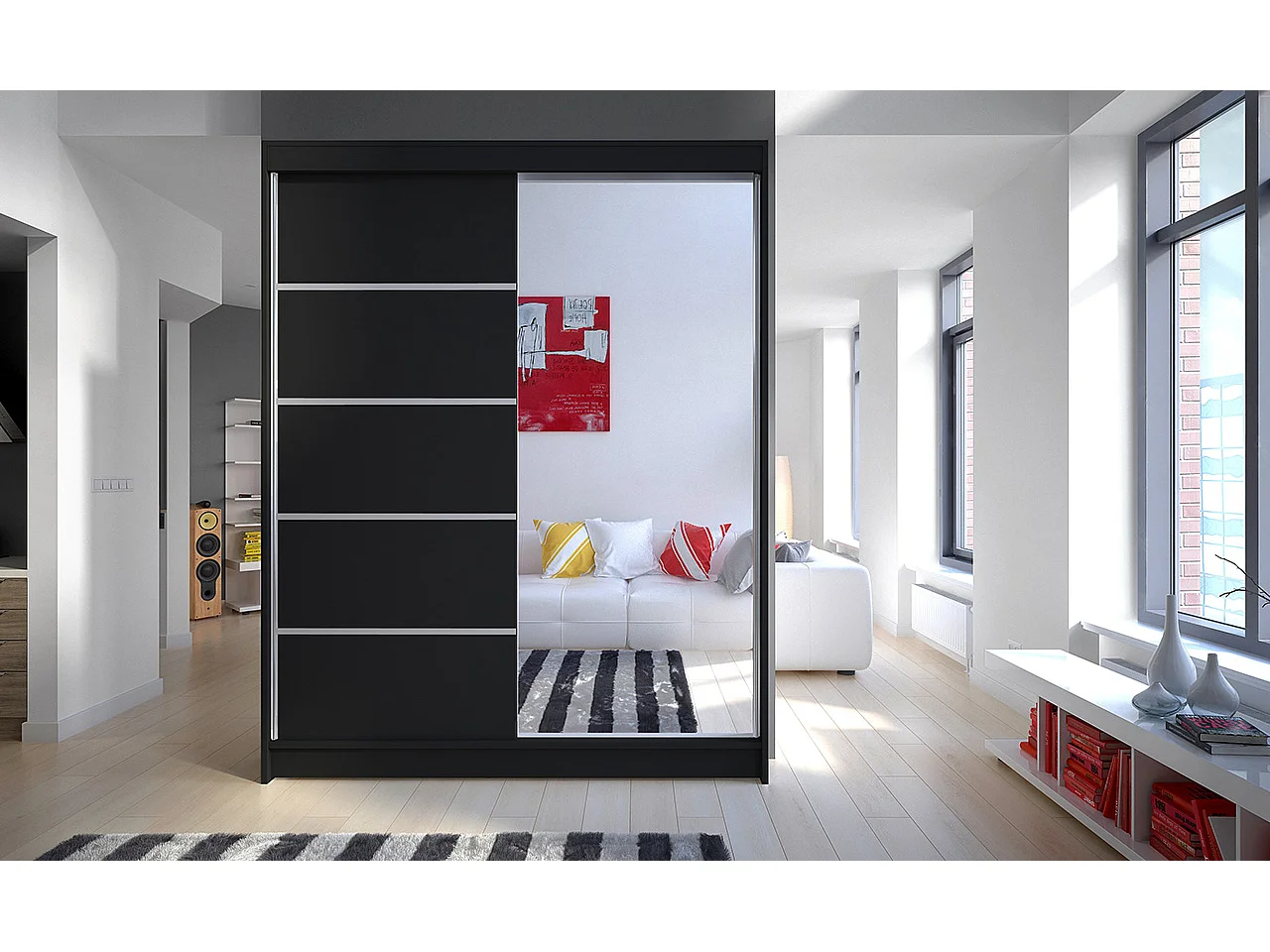 Armoire de chambre 2 portes coulissantes 1 noir et 1 miroir Limka 150cm