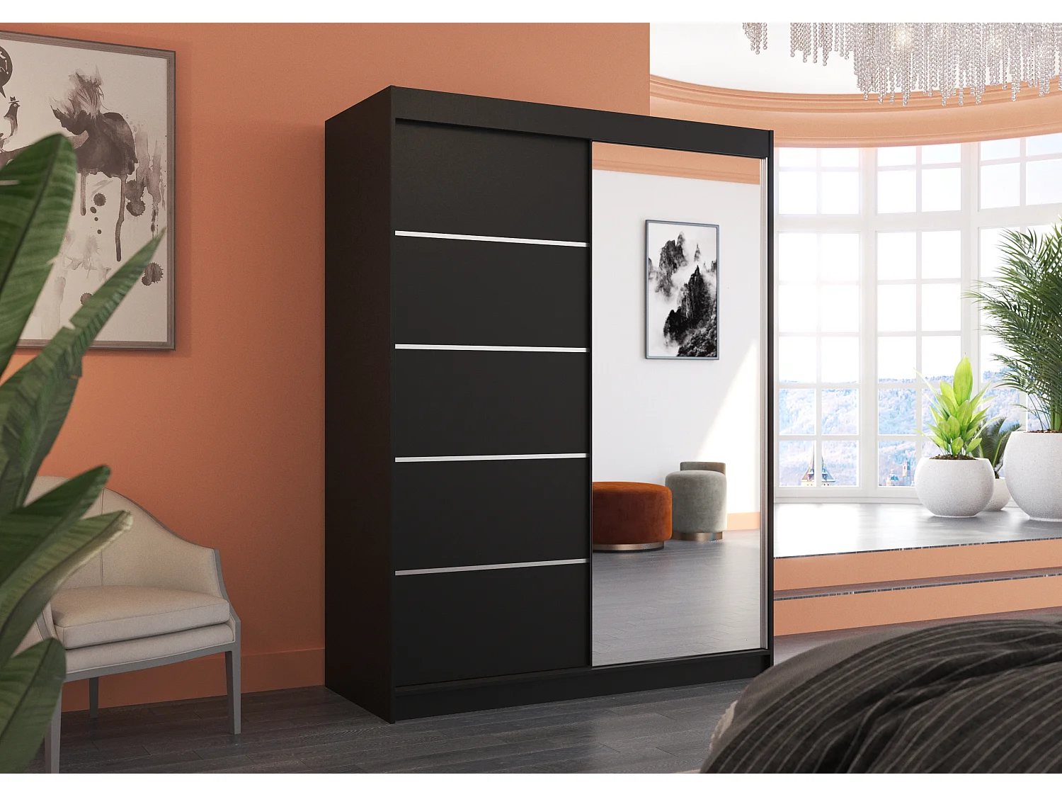 Armoire de chambre 2 portes coulissantes 1 noir et 1 miroir Limka 150cm