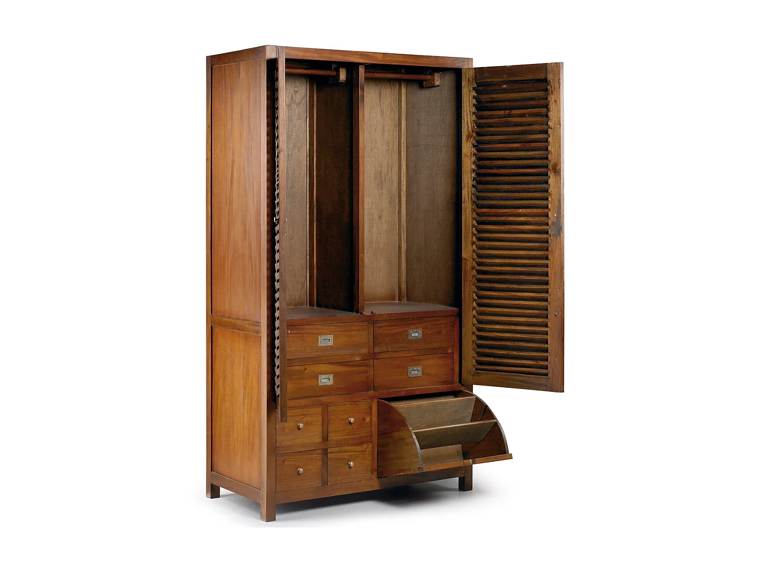 Armoire coloniale 2 portes persiennes 8 tiroirs en bois d'acajou massif Falkane 108cm