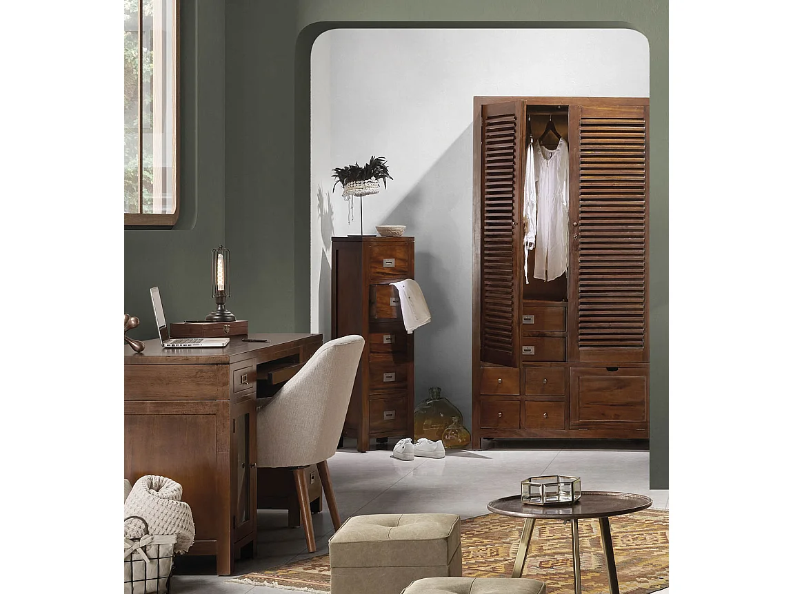 Armoire coloniale 2 portes persiennes 8 tiroirs en bois d'acajou massif Falkane 108cm