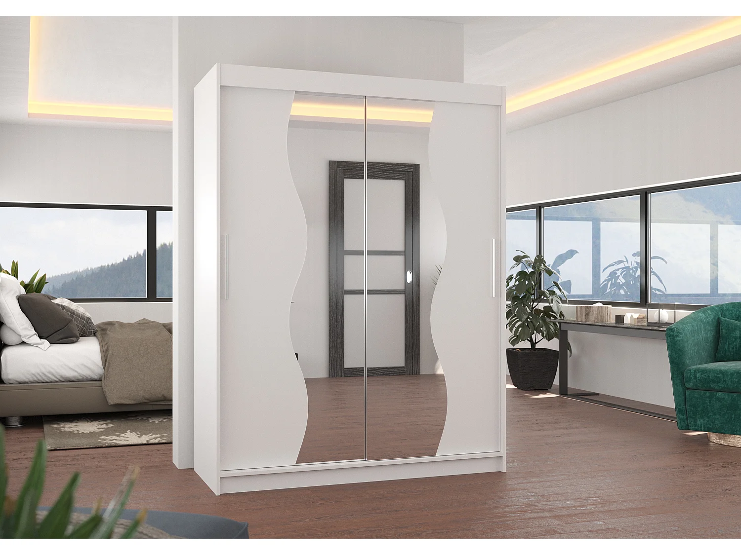 Witte slaapkamerkast 2 schuifdeuren met spiegel Renka 150 cm