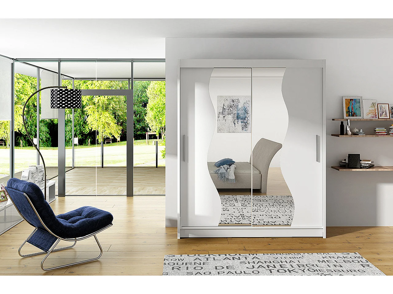 Witte slaapkamerkast 2 schuifdeuren met spiegel Renka 150 cm