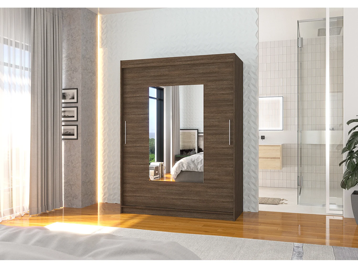 Armoire de chambre 2 portes coulissantes marron et miroir Dova 150cm