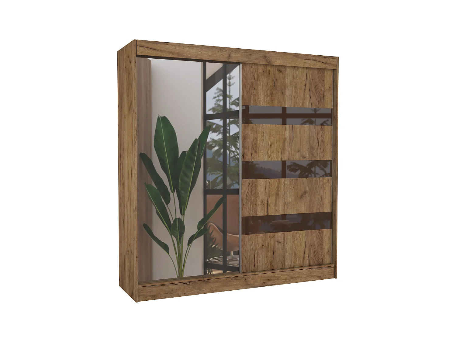 Armoire de chambre 1 porte bois marron et marron laqué 1 porte miroir Voka - 3 tailles-Largeur 200 cm