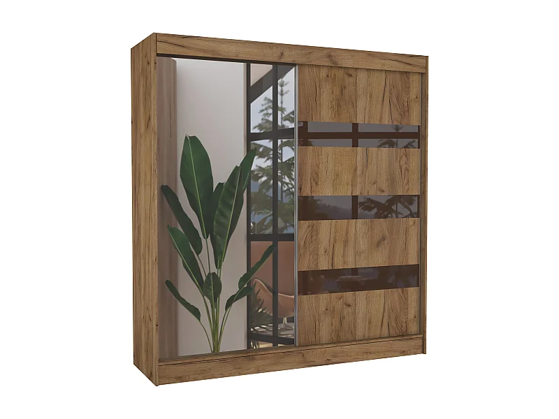 Armoire de chambre 1 porte bois marron et marron laqué 1 porte miroir Voka - 3 tailles-Largeur 200 cm