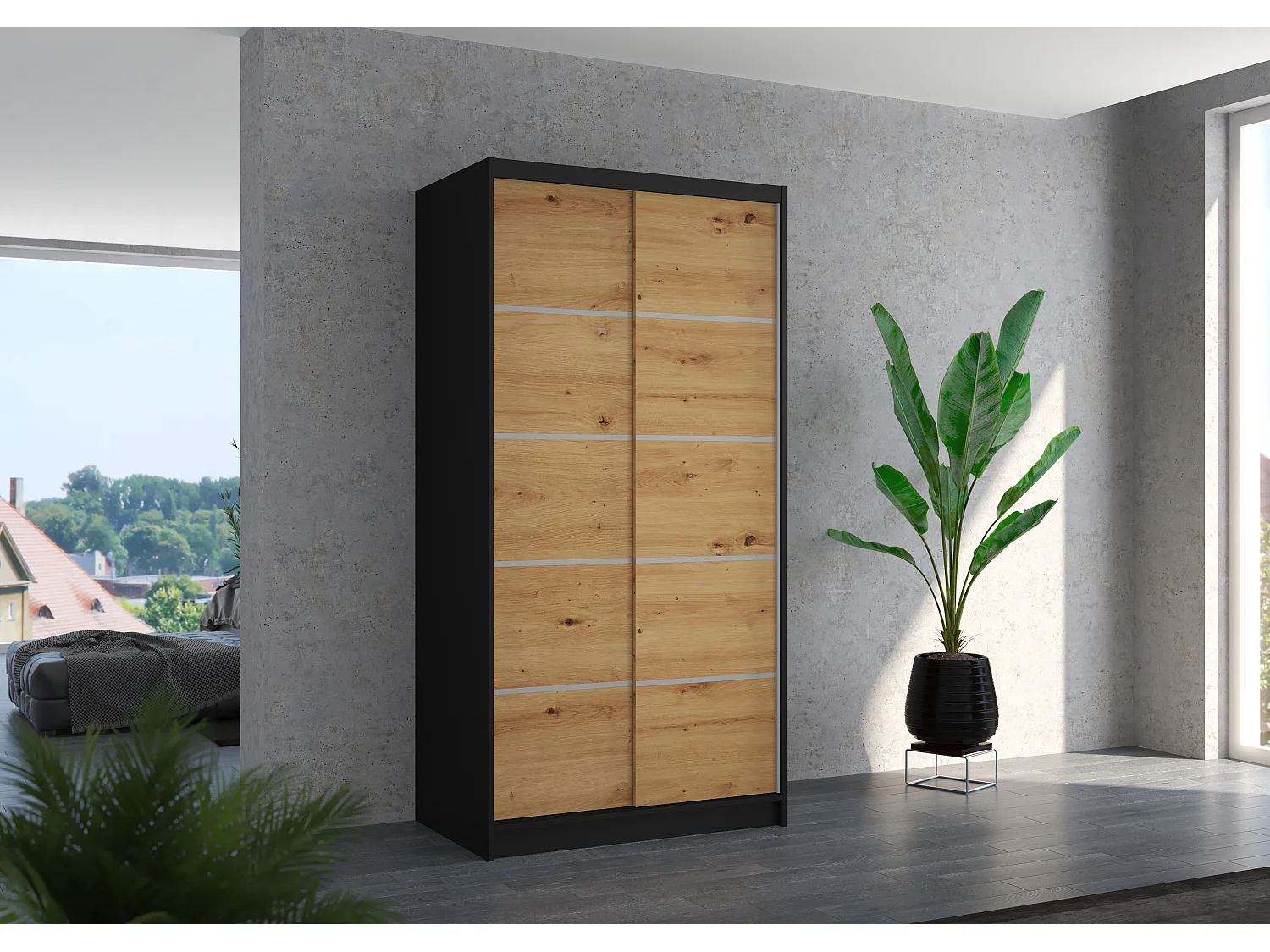 Petite armoire de chambre noir 2 portes coulissantes en bois artisan Rika 100cm