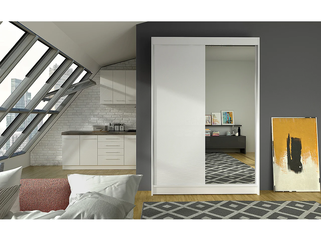 Petite armoire de chambre 2 portes coulissantes 1 bois blanc 1 miroir Roxane 120cm