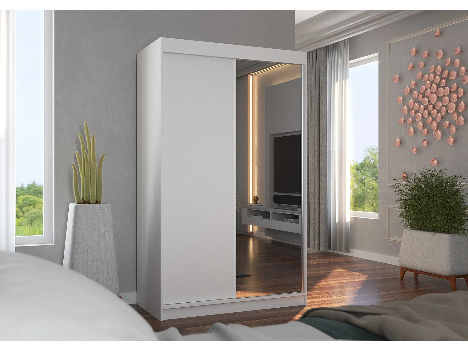 Petite armoire de chambre 2 portes coulissantes 1 bois blanc 1 miroir Roxane 120cm