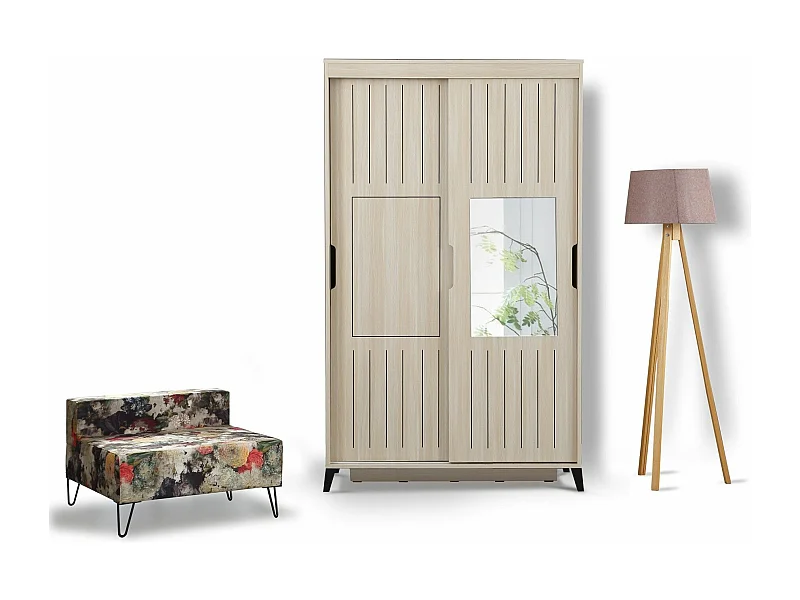 Licht eiken kledingkast voor volwassenen 2 schuifdeuren met spiegel Marka - 8 maten-Breedte 120 cm