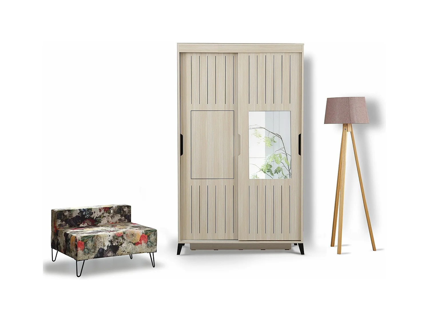 Armoire 2 portes coulissantes avec miroir Olgin L120xH216cm Bois Chêne clair