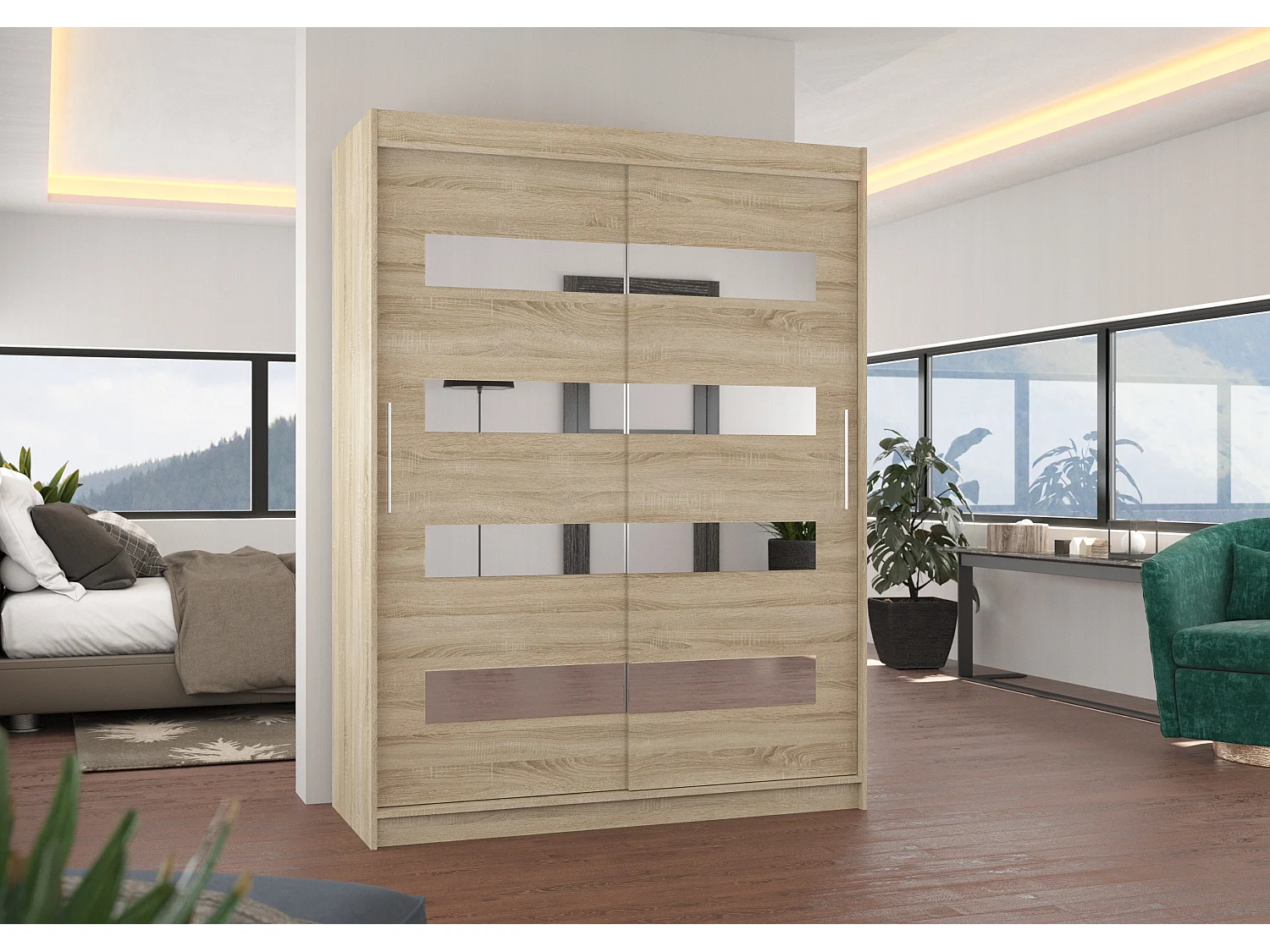 Armoire de chambre naturel 2 portes coulissantes naturel et miroirs horizontaux Bozika 150cm
