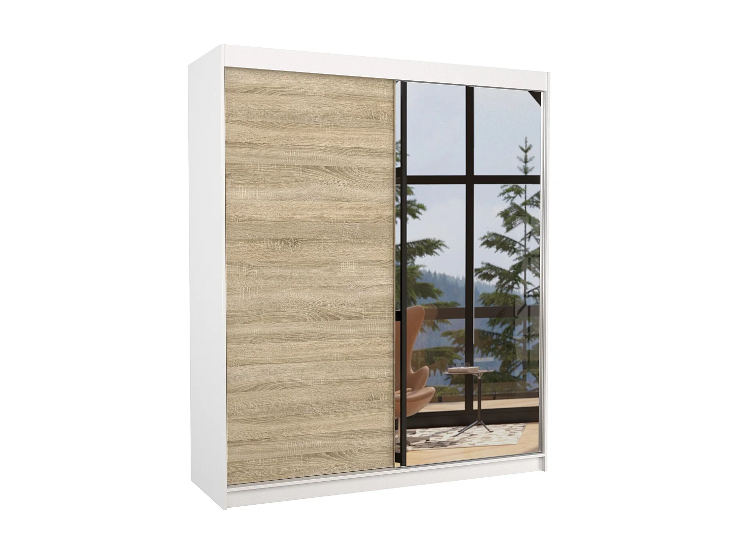 Armoire de chambre à coucher blanche 2 portes coulissantes 1 bois clair et 1 miroir Masso 180cm