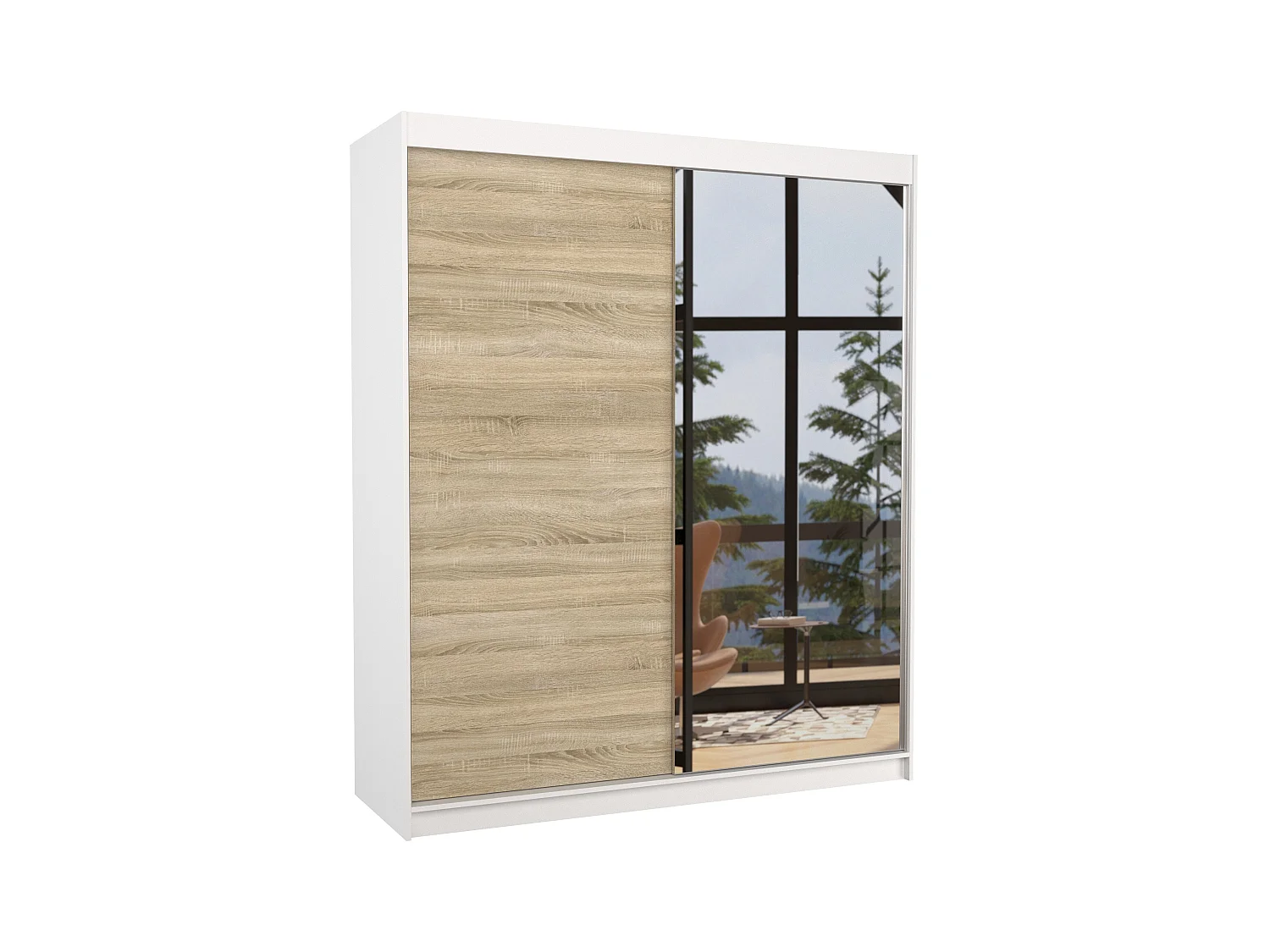 Armoire de chambre à coucher blanche 2 portes coulissantes 1 bois clair et 1 miroir Masso 180cm