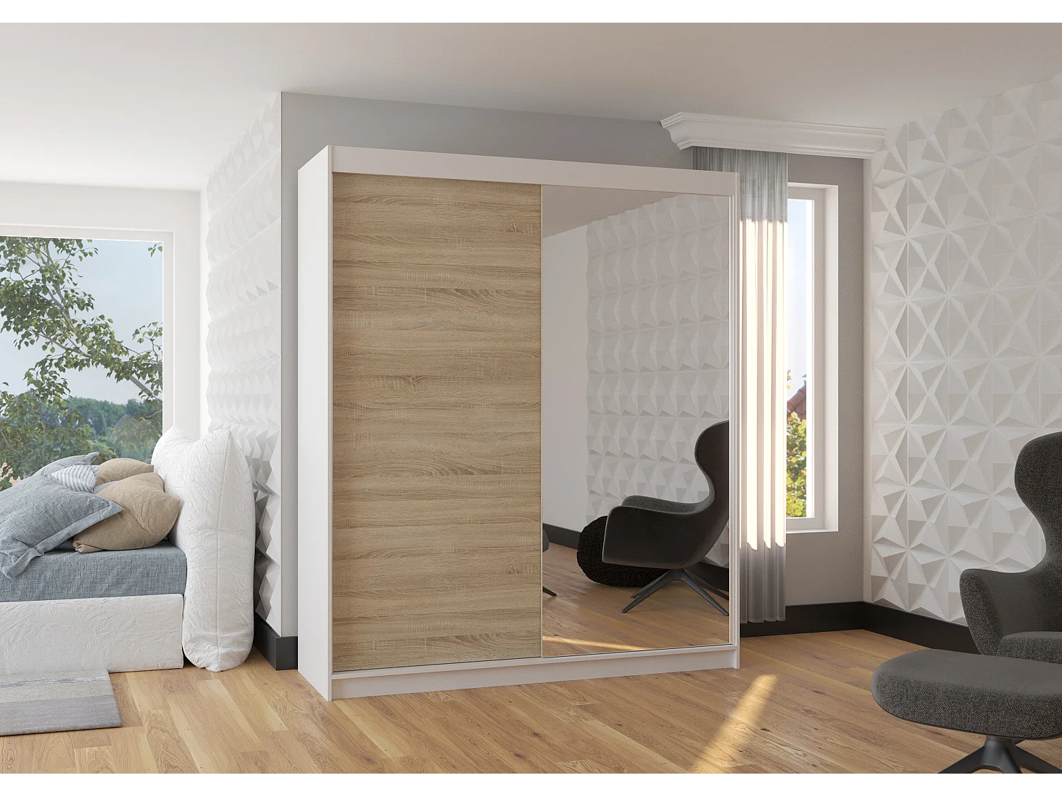 Armoire de chambre à coucher blanche 2 portes coulissantes 1 bois clair et 1 miroir Masso 180cm