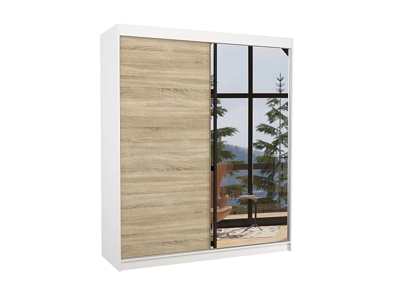 Armoire de chambre à coucher blanche 2 portes coulissantes 1 bois clair et 1 miroir Masso 180cm