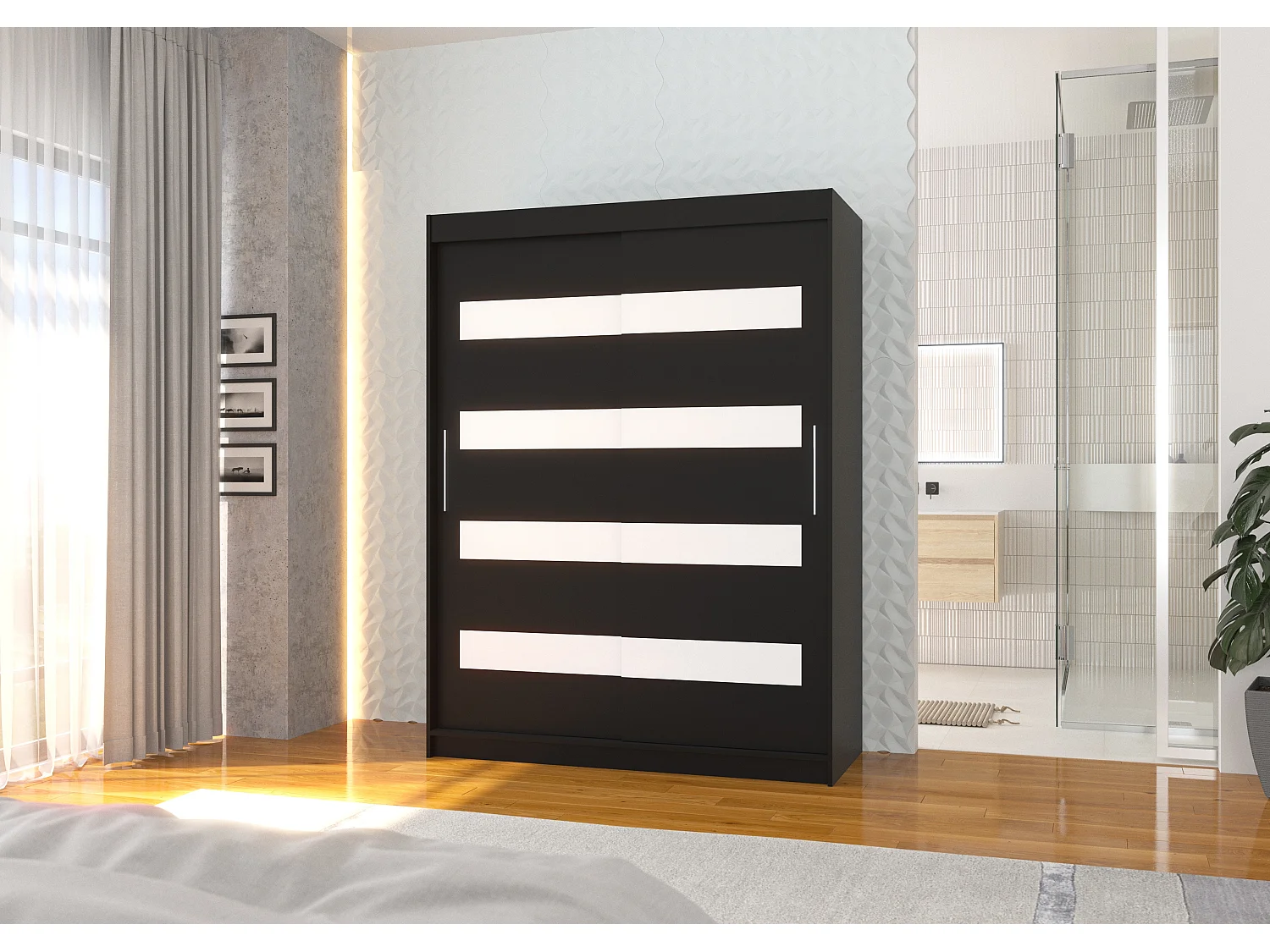 Armoire de chambre à coucher noir 2 portes coulissantes noir mat et blanc laqué Zanko 150cm