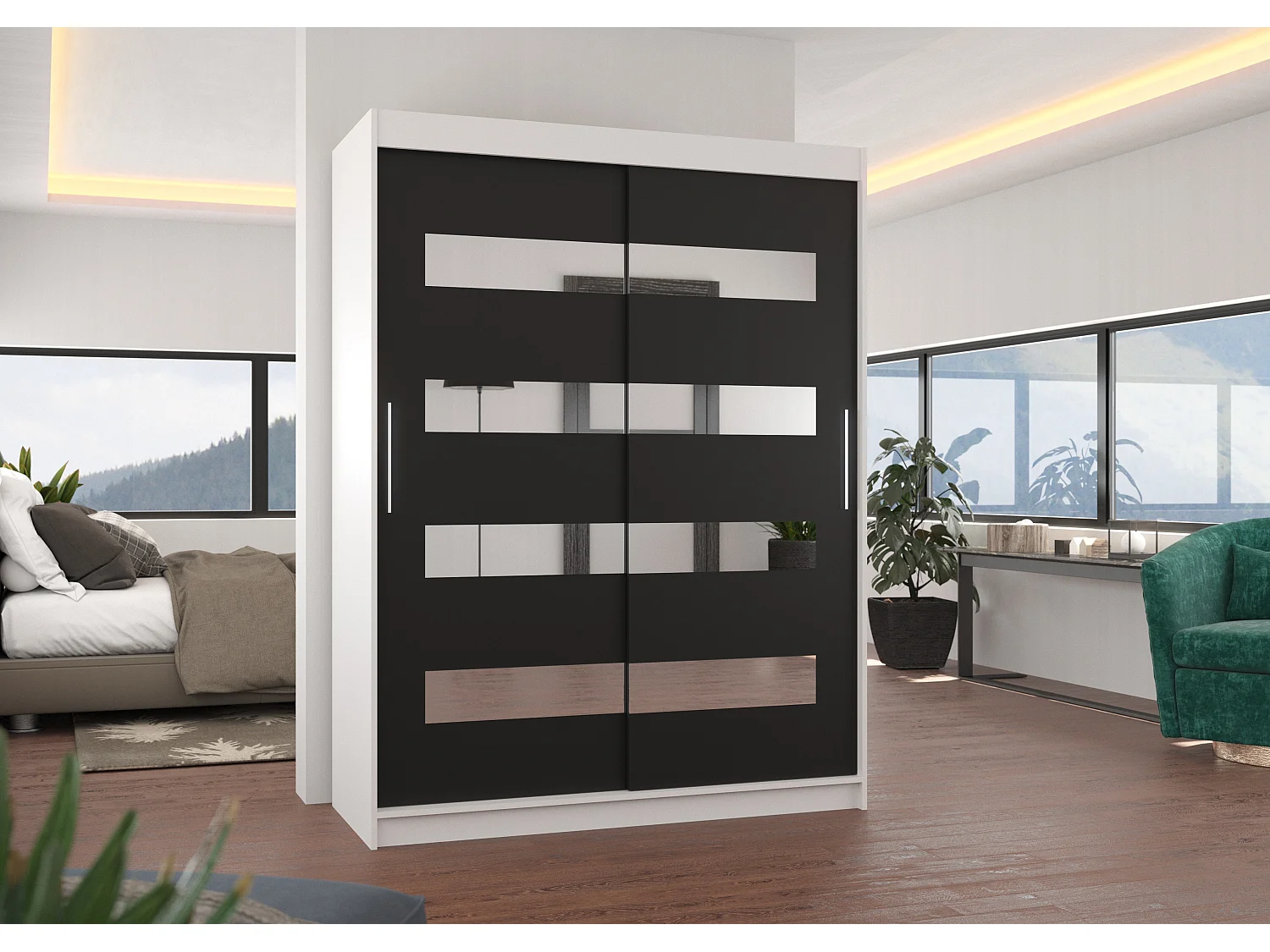 Armoire de chambre blanche 2 portes coulissantes noir et miroirs horizontaux Bozika 150cm