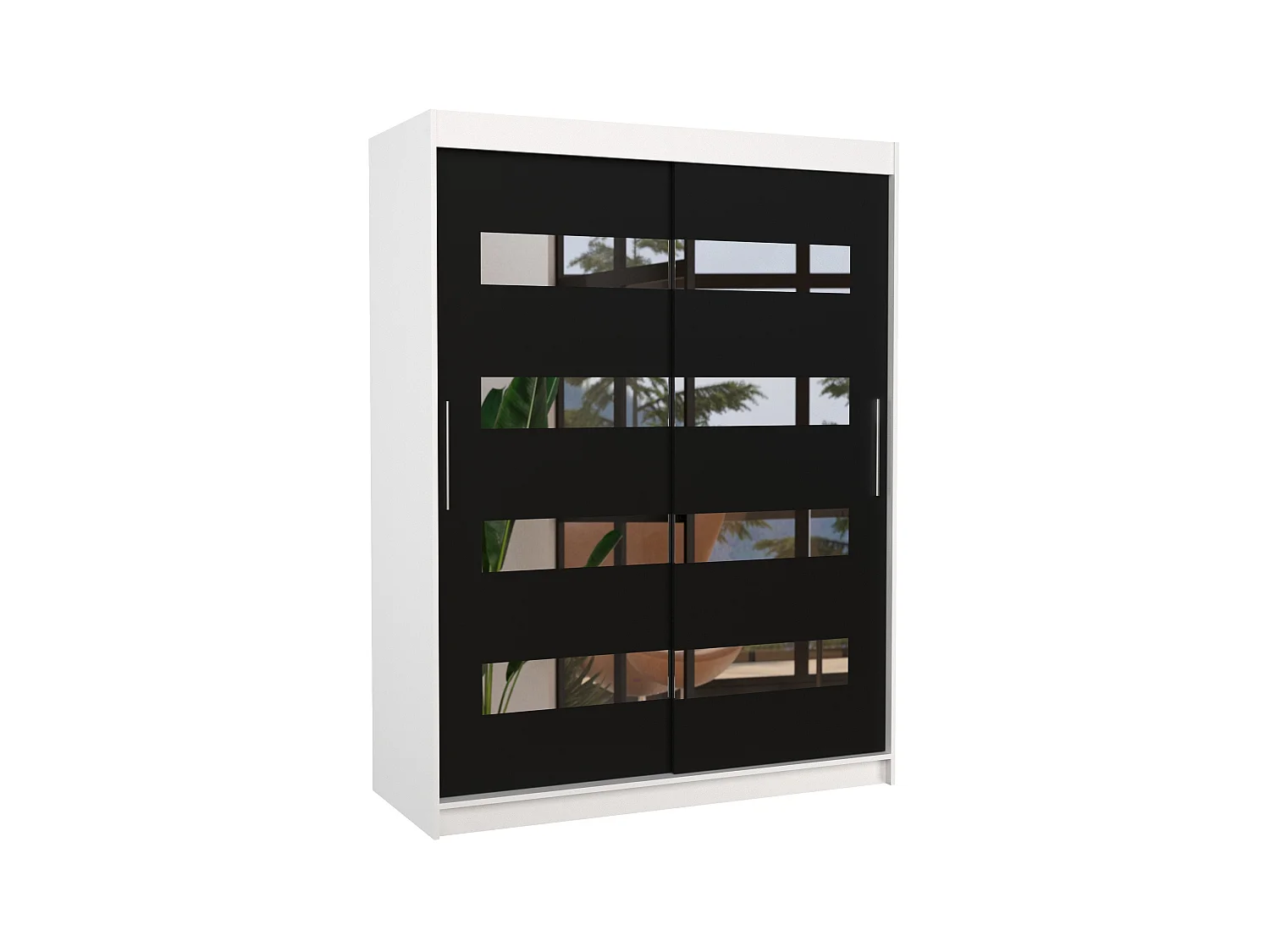 Armoire de chambre blanche 2 portes coulissantes noir et miroirs horizontaux Bozika 150cm
