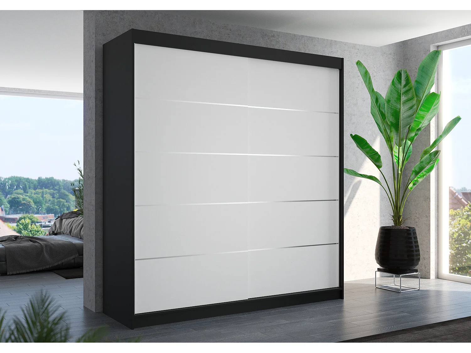 Armoire chambre adulte noir et blanc 2 portes coulissantes Yvona 200cm