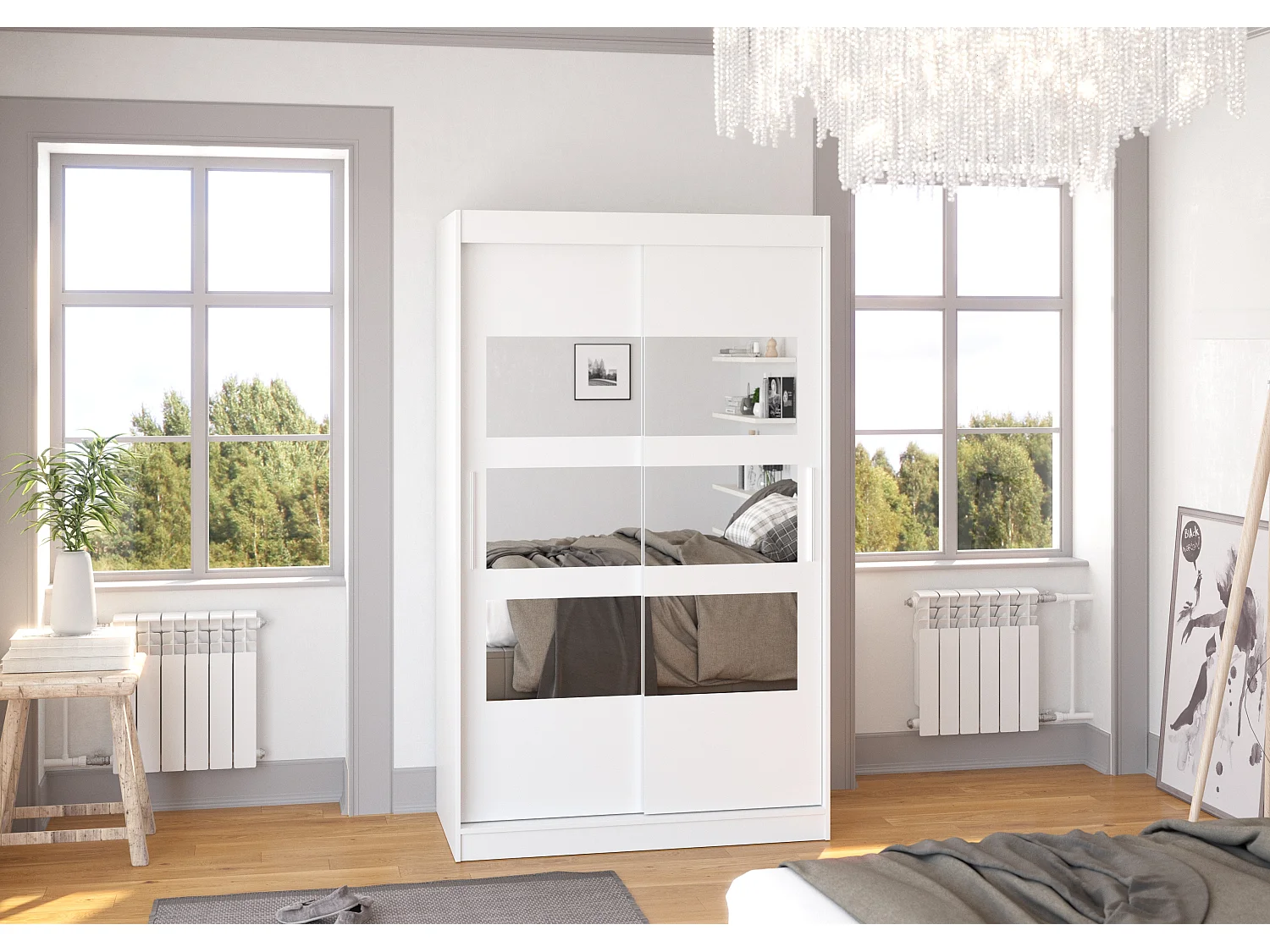 Petite armoire de chambre à coucher 2 portes coulissantes blanche avec 6 miroir Kolida 120cm