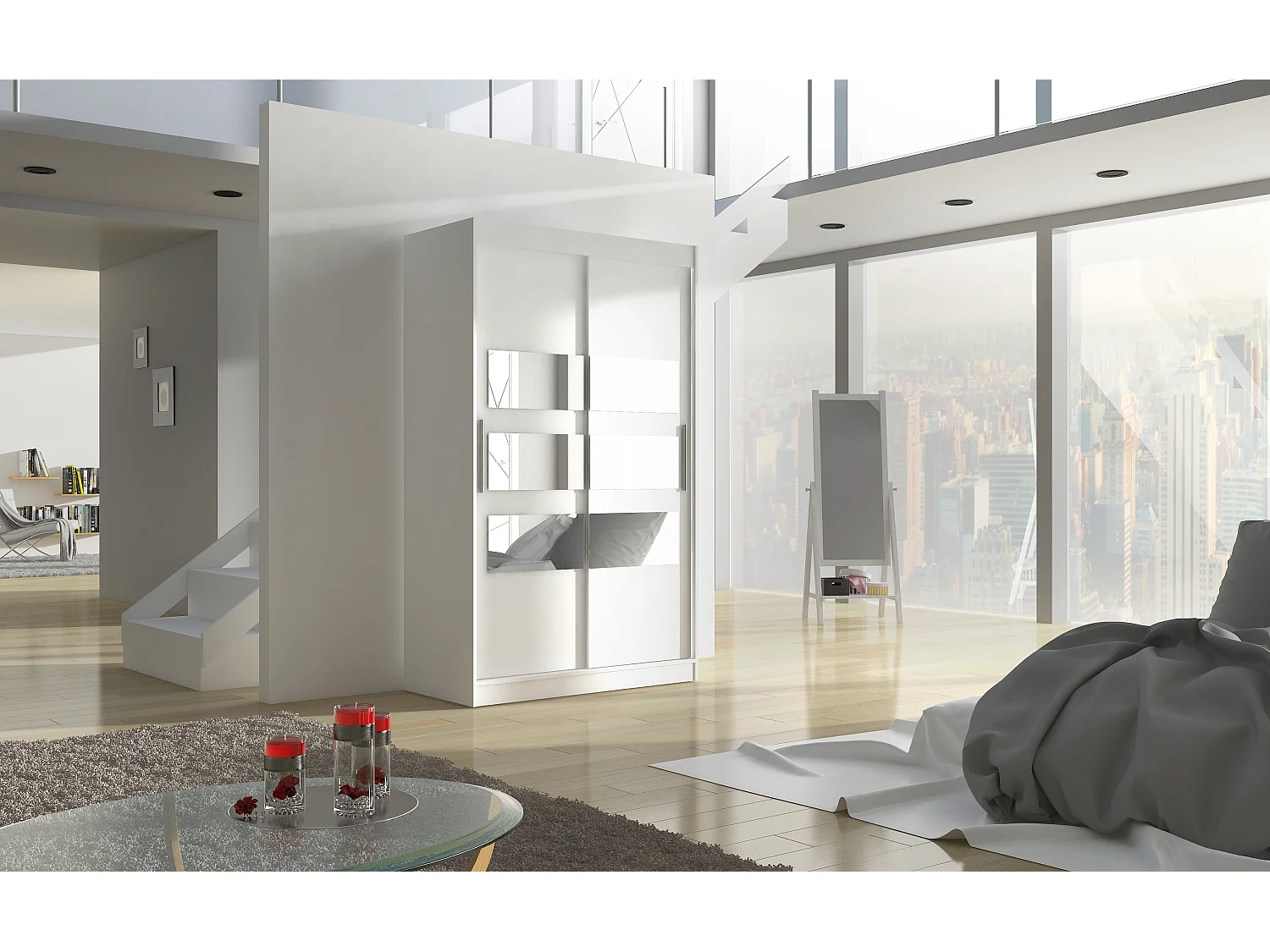 Petite armoire de chambre à coucher 2 portes coulissantes blanche avec 6 miroir Kolida 120cm