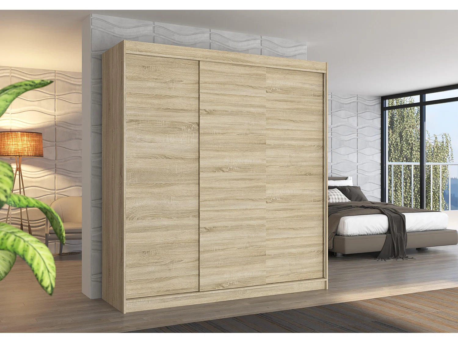 Lichthouten kledingkast voor volwassenenslaapkamer 2 schuifdeuren Kamia 200 cm