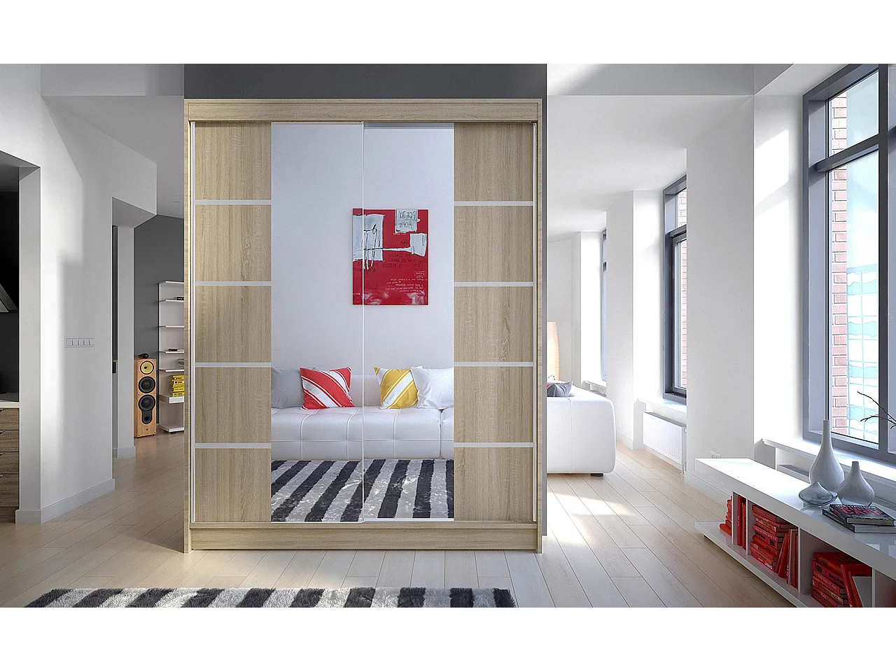 Armoire de chambre 2 portes coulissantes bois clair et miroir Norka 150cm