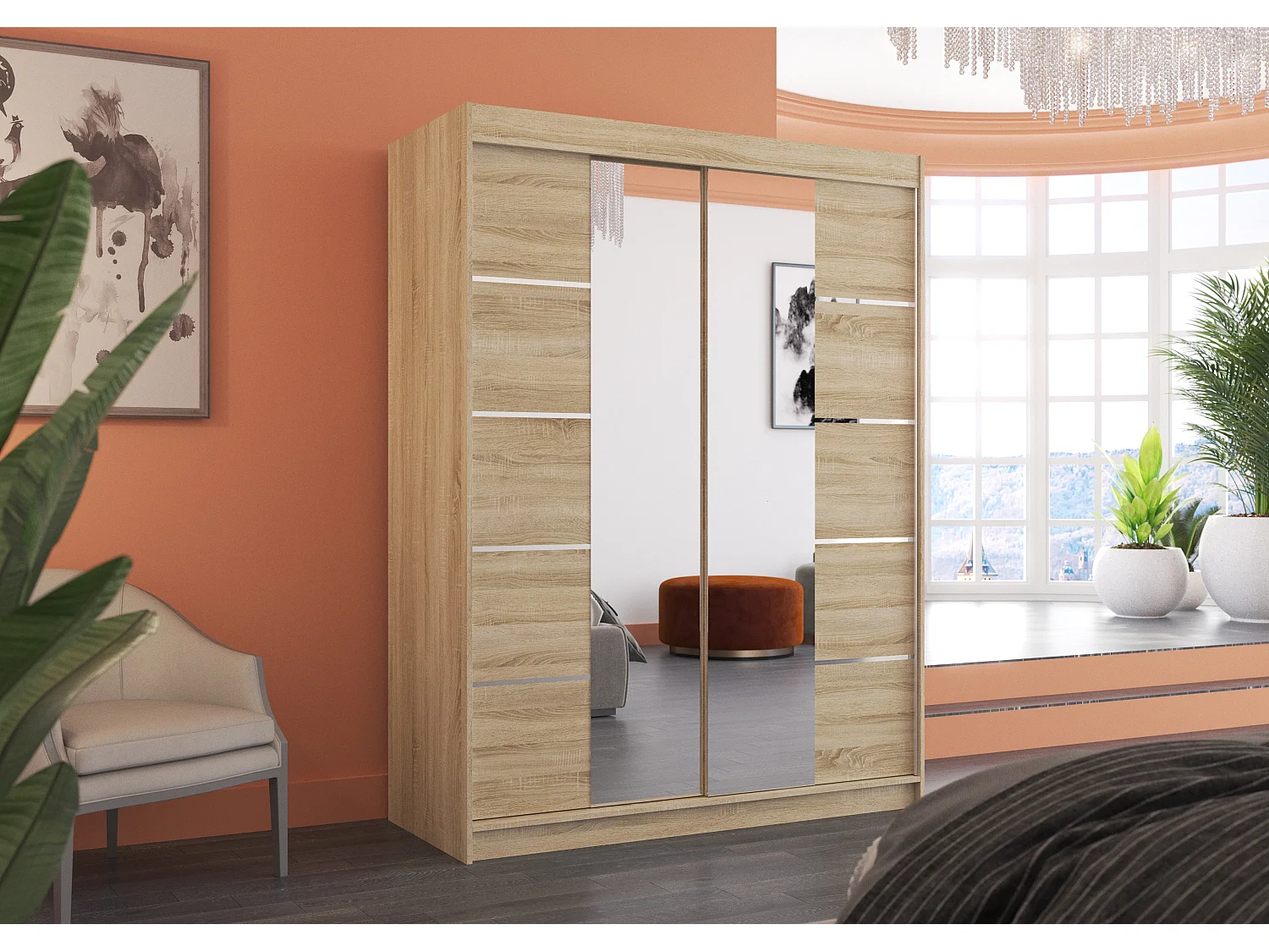 Armoire de chambre 2 portes coulissantes bois clair et miroir Norka 150cm