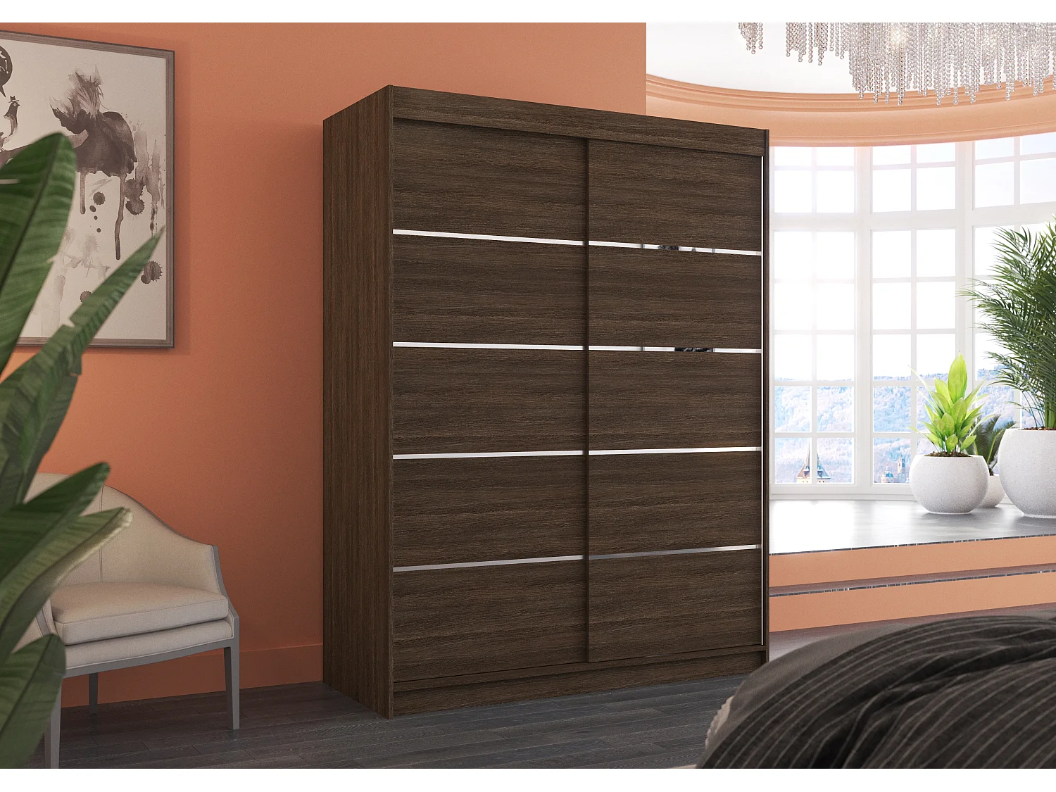 Donkerhouten slaapkamerkast 2 schuifdeuren donker hout en aluminium Kubik 150 cm