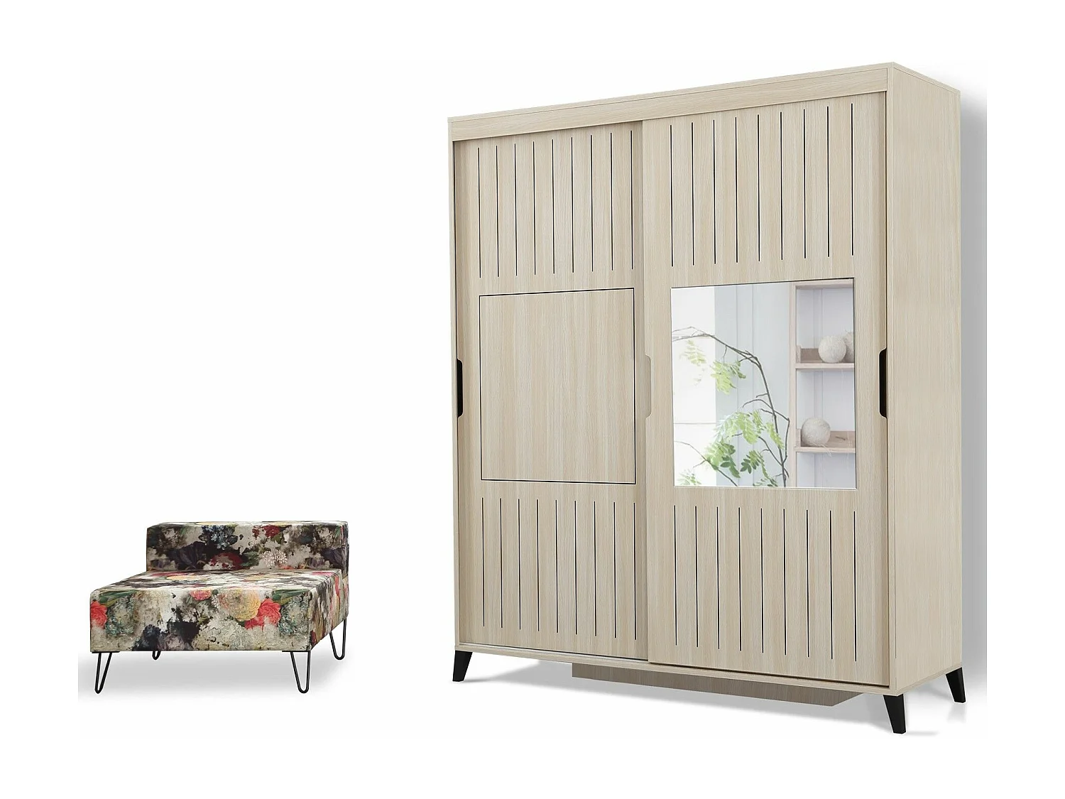 Licht eiken kledingkast voor volwassenen 2 schuifdeuren met spiegel Marka - 8 maten-Breedte 170cm