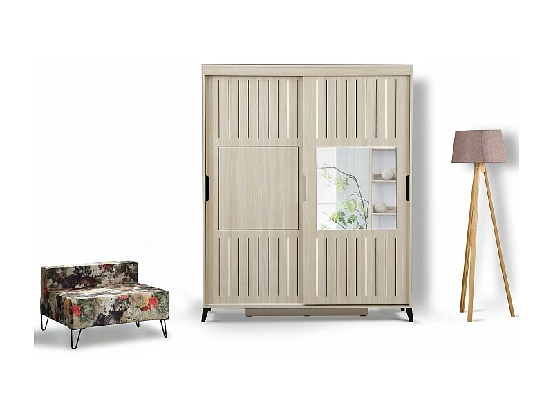 Armoire 2 portes coulissantes avec miroir Olgin L170xH216cm Bois Chêne clair