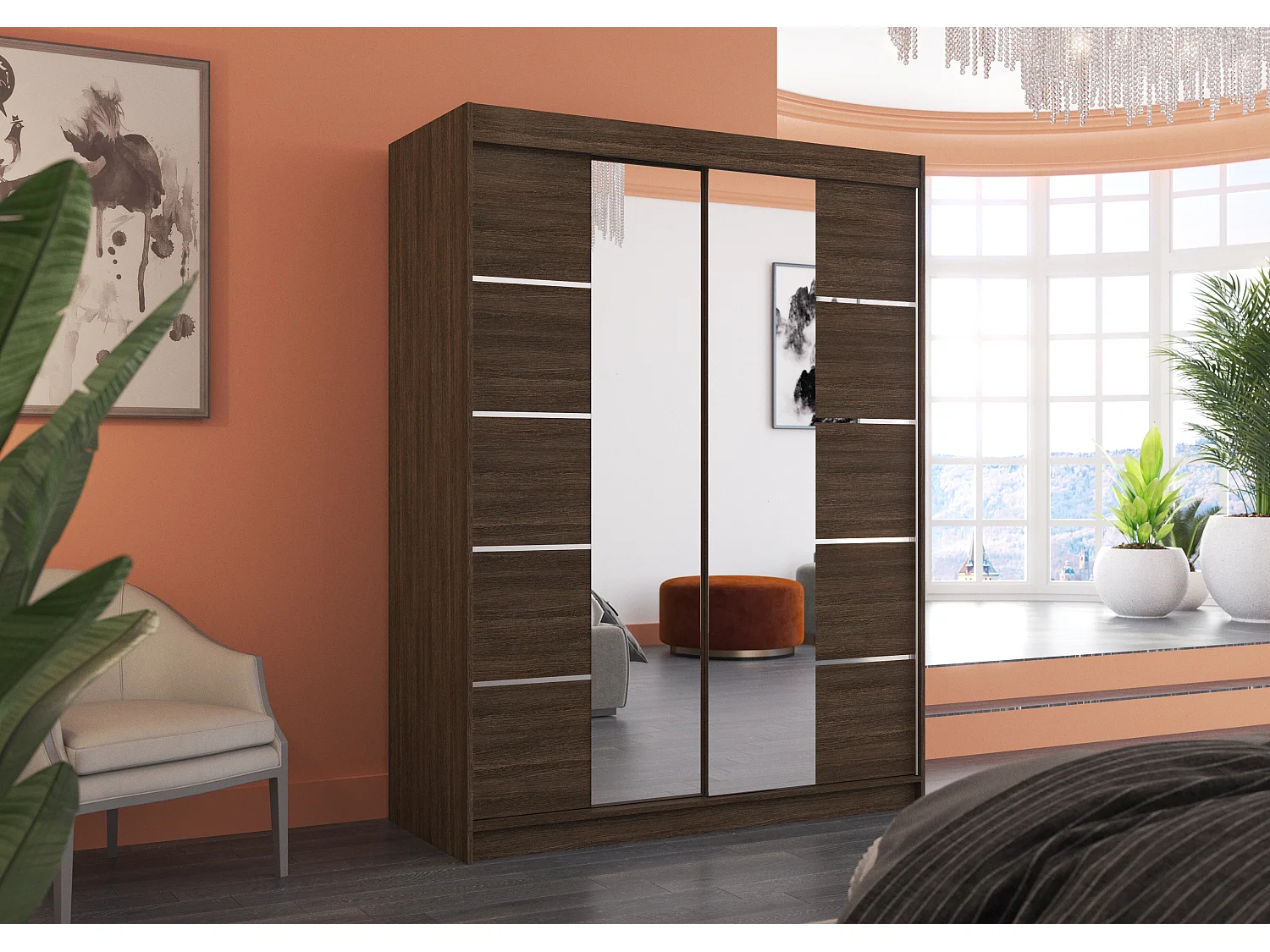 Armoire de chambre 2 portes coulissantes bois marron et miroir Norka 150cm
