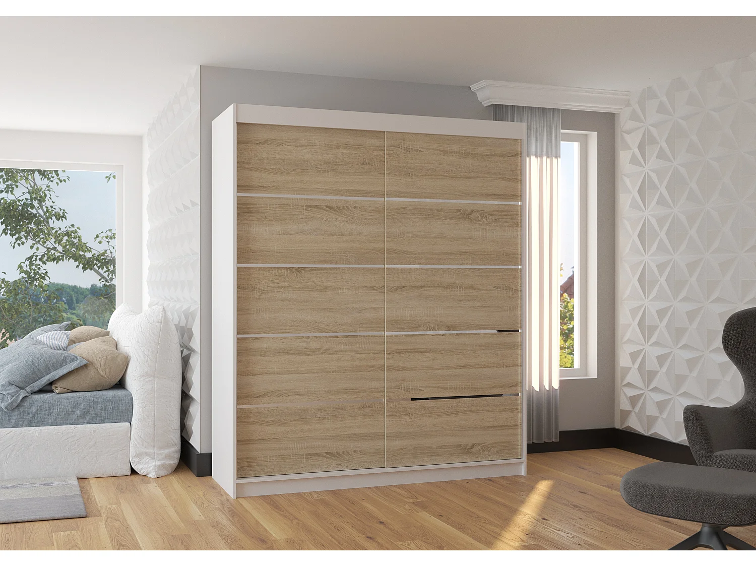 Armoire de chambre à coucher blanche 2 portes coulissantes bois clair et alu Pimka 180cm
