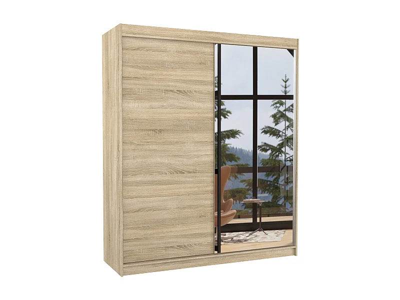 Armoire de chambre à coucher 2 portes coulissantes 1 bois clair et 1 miroir Masso 180cm