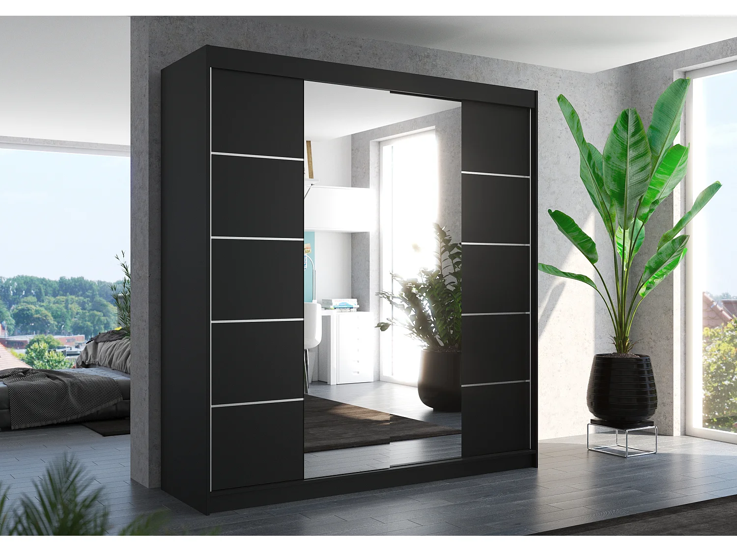 Armoire chambre adulte 2 portes coulissantes bois noir et miroir Dalia 200cm