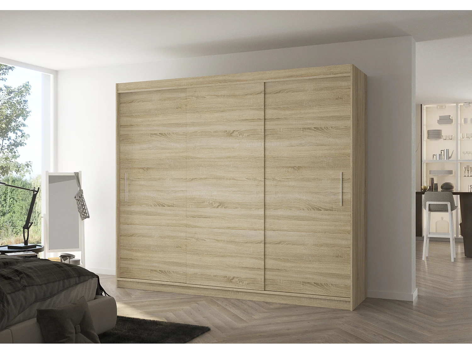 Grande armoire de chambre 3 portes coulissantes naturel Badoz 250cm