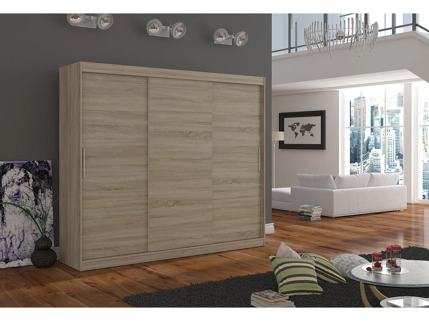Grande armoire de chambre 3 portes coulissantes naturel Badoz 250cm