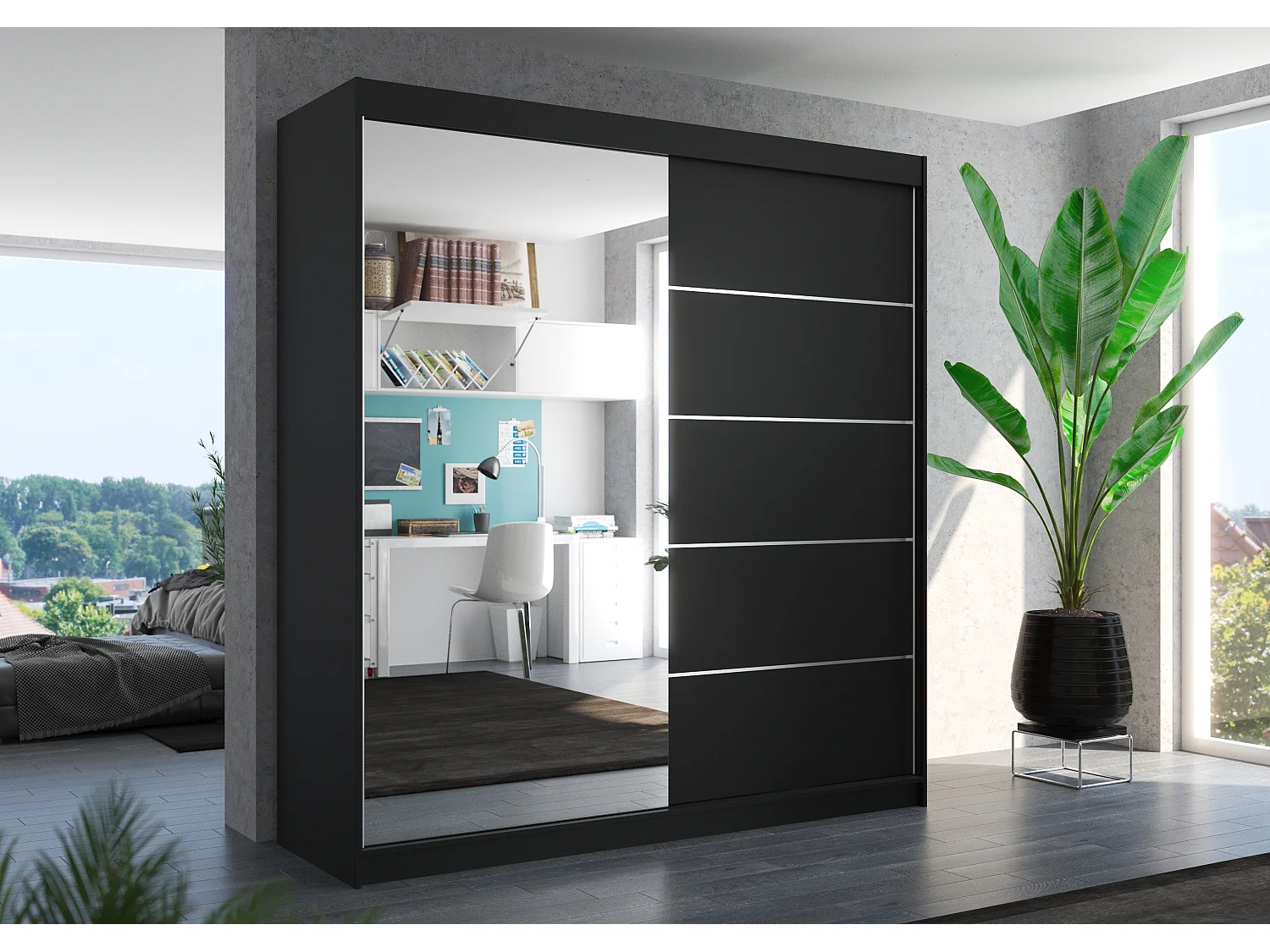 Armoire chambre adulte 2 portes coulissantes 1 noir 1 miroir Olivia 200cm