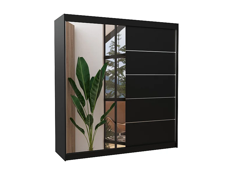 Armoire chambre adulte 2 portes coulissantes 1 noir 1 miroir Olivia 200cm