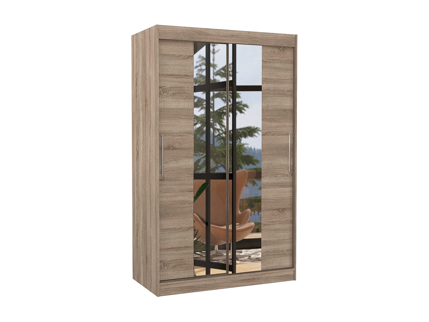 Kleine slaapkamerkast met 2 schuifdeuren in truffelhout en Tinko spiegel 120 cm